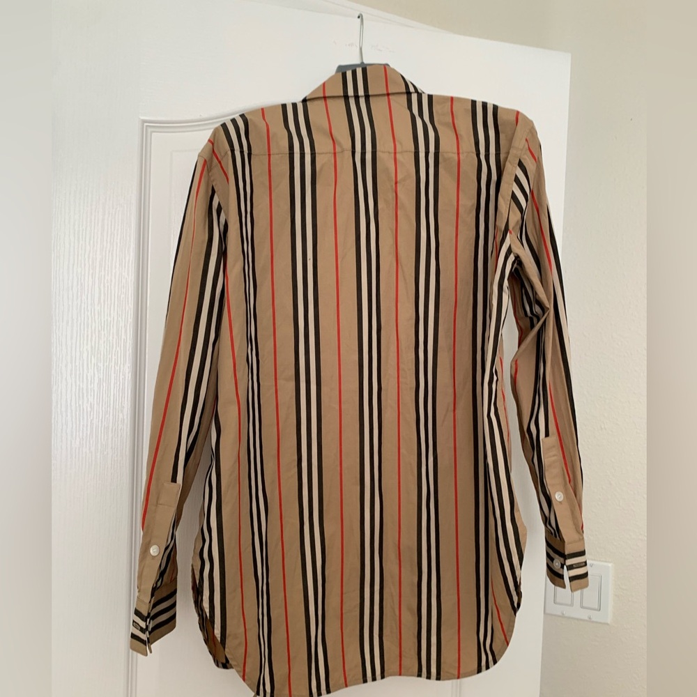 Burberry Beige Striped Button-Up Blouse with Black and Red Stripes - Picture 2 of 4